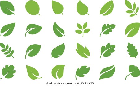 Illustrationssatz für Blätter, stilisierte grüne Blattformen, botanisches Vektordesign, Natursymbol, Ökografik, Pflanzenarten-Symbole