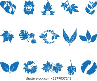 Leaf icon set, 15 tree herbs icon blue vector