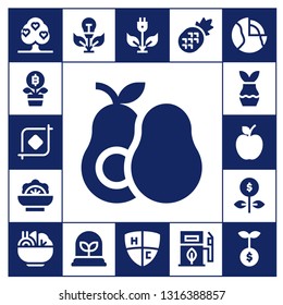 leaf icon set. 17 filled leaf icons.  Collection Of - Tree, Growth, Crop, Avocado, Salad, Plant, Apple, Green energy, Emblem, Pineapple, Eco fuel, Geothermal
