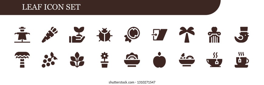 leaf icon set. 18 filled leaf icons.  Simple modern icons about  - Scarecrow, Carrot, Sprout, Ladybug, Coconut, Shear, Palm tree, Apple, Saint Patrick, Grapes, Spinach, Flower