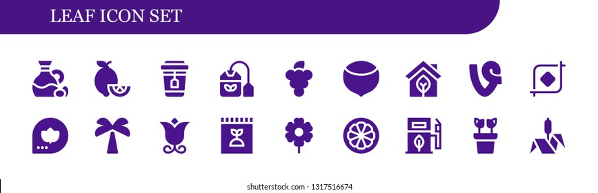 leaf icon set. 18 filled leaf icons.  Collection Of - Olive, Lemons, Tea, Tea bag, Grapes, Hazelnut, Eco, Vine, Crop, Fall, Palm tree, Flower, Fertilizer, Mangosteen, Eco fuel