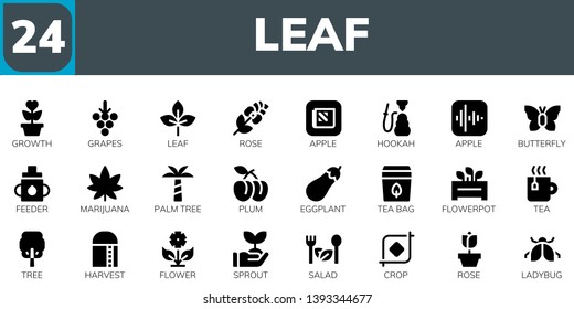 leaf icon set. 24 filled leaf icons.  Collection Of - Growth, Grapes, Leaf, Rose, Apple, Hookah, Butterfly, Feeder, Marijuana, Palm tree, Plum, Eggplant, Tea bag, Flowerpot, Tea