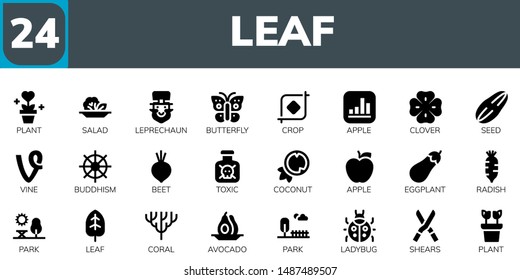 leaf icon set. 24 filled leaf icons.  Collection Of - Plant, Salad, Leprechaun, Butterfly, Crop, Apple, Clover, Seed, Vine, Buddhism, Beet, Toxic, Coconut, Eggplant, Radish, Park