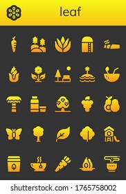 conjunto de iconos de hoja. 26 iconos de hoja rellenos. Incluye arrozal, berry, bosque, aloe vera, cosecha, marihuana, maíz, flor, parque, isla, coco, palmera, jarabe, árbol, uvas, aguacate
