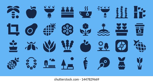 leaf icon set. 32 filled leaf icons. on blue background style Collection Of - Palm tree, Crop, Plant, Pineapple, Apple, Avocado, Ladybug, Flower, Bouquet, Aloe vera, Park, Carrots