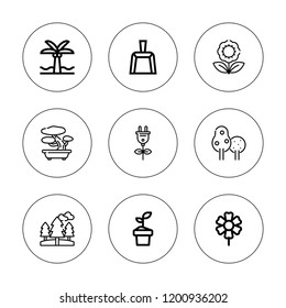 Leaf icon set. collection of 9 outline leaf icons with bonsai, dustpan, forest, green energy, flower, palm tree, plant icons. editable icons.