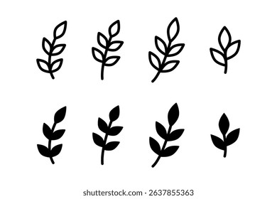 Leaf icon set. Collection of botanical branches with simple leaves sign. Nature, plant growth, and organic design symbol. Eco decoration and green foliage pictogram. Natural element illustration.