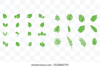 Ícone de folha definido com diferentes desenhos de folhas verdes, de estilos minimalistas a tropicais. Todos os ícones são organizados em um fundo branco, ideal para a natureza ou temas botânicos.