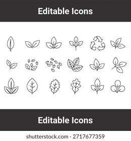 Blatt-Symbol-Set mit verschiedenen organischen Pflanzenformen, Eichenlaub und Recycling-Symbole in dünner Linie Stil