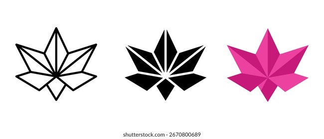 Blatt-Symbol-Set. Ein Satz minimalistischer Lotusblütensymbole in verschiedenen Stilen: Kontur, einfarbiges Schwarz und Rosa. Die Designs sind geometrisch und modern, geeignet für verschiedene kreative Projekte.