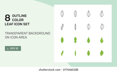 Leaf icon set outline style and color style. Transparent background on icon area. EPS 10