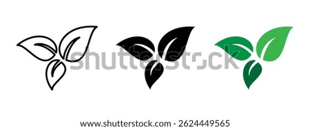 Leaf icon. Three curved leaves vector illustration. Organic plant symbol. Eco-friendly emblem for nature, health, vegan products, environmental protection and agricultural branding.