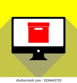 Leaf Icon. Vector. Red icon on white monitor of black all-in-one desktop computer with two shadows at yellow background.