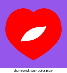 Leaf Icon. Vector. White icon in red heart at lavender background.