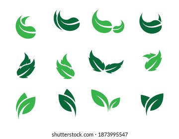 Blattsymbole, einzeln auf weißem Hintergrund. Reihe von grünen Blättersymbolen. gezogene grüne Blätter. Blätter-Symbole gesetzt. Vektorgrafik.