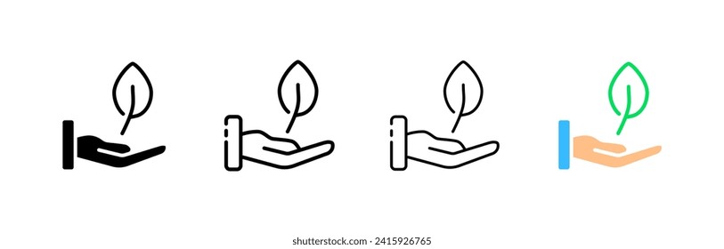 Leaf icons in palm. Different styles, set of sheets in palm for icon design. Vector icons