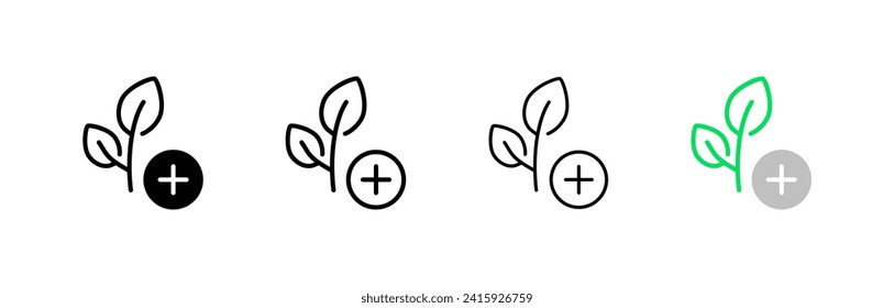 Leaf icons with plus sign. Different styles, set of sheet icons with a plus. Vector icons