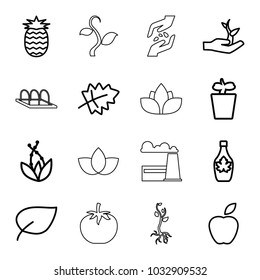 Leaf icons. set of 16 editable outline leaf icons such as leaf, maple syrup, apple, plant in pot, plant, plant on hand, pineapple, hand with seeds, lotus, factory, flower
