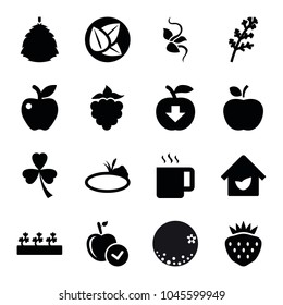 Leaf icons. set of 16 editable filled leaf icons such as deel, apple, sprout plants, strawberry, apple download, pond, eco house, leaf, berry, orange, mulberry, clover, tea