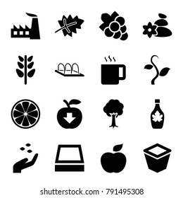 Leaf icons. set of 16 editable filled leaf icons such as leaf, hand with seeds, grape, factory, maple syrup, pot for plants, tree, plant, apple download, square plant pot