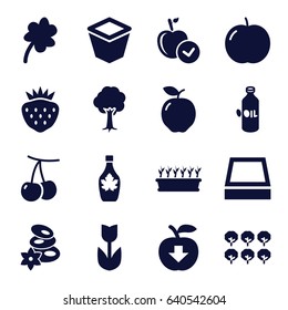 Leaf icons set. set of 16 leaf filled icons such as apple, cherry, tree, oil, spa stones, clover, maple syrup, pot for plants, plant in pot, strawberry, square plant pot