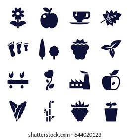 Leaf icons set. set of 16 leaf filled icons such as leaf, mulberry, spinach, bamboo, factory, tea cup, plant in pot, flower, raspberry, apple, heart flower, tree, plant