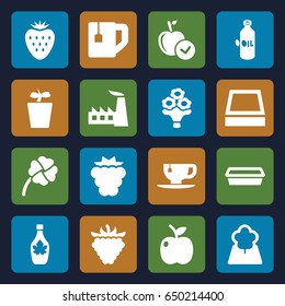Leaf icons set. set of 16 leaf filled icons such as mulberry, oil, apple, factory, tea cup, maple syrup, pot for plants, plant in pot, raspberry, bouquet flower, clover, tree