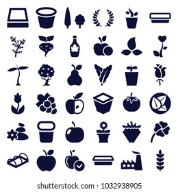 Leaf icons. set of 36 editable filled leaf icons such as plant, spinach, apple, grape, factory, maple syrup, pot for plants, plant in pot, raspberry, greenohuse, clover, tree
