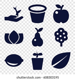 Leaf icons set. set of 9 leaf filled icons such as tree, lotus, leaf, pot for plants, plant in pot, pear, lemon, plant on hand