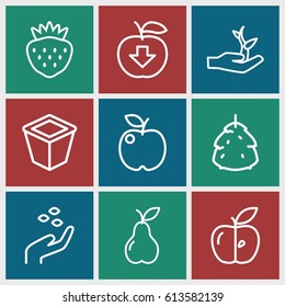 Leaf icons set. set of 9 leaf outline icons such as berry, hand with seeds, pot for plants, pear, strawberry, apple, plant on hand