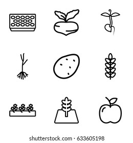 Leaf icons set. set of 9 leaf outline icons such as potato, beet, pot for plants, sprout plants, sprout, tree, apple