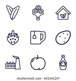 Leaf icons set. set of 9 leaf outline icons such as potato, apple, spinach, factory, tea cup, maple syrup, strawberry, bouquet flower