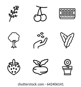 Leaf icons set. set of 9 leaf outline icons such as cherry, beet, spinach, deel, hand with seeds, pot for plants, flower pot, tree