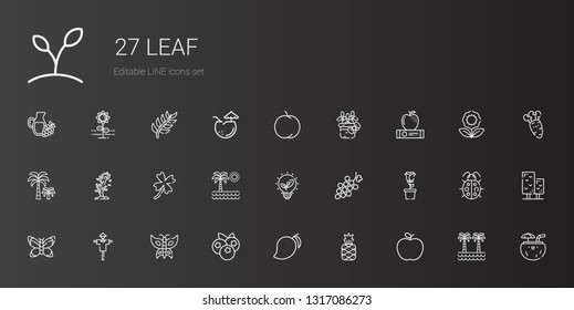 leaf icons set. Collection of leaf with apple, pineapple, mango, blueberries, butterfly, scarecrow, rose, grape, renewable energy, palm tree. Editable and scalable leaf icons.
