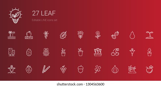 leaf icons set. Collection of leaf with fig, clover, hazelnut, grape, decorative, strawberry, scarecrow, cherry, flowers, syrup, plant, ladybug. Editable and scalable leaf icons.