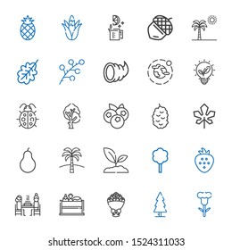 leaf icons set. Collection of leaf with flower, tree, bouquet, vegetable, pierrade, strawberry, sprout, palm tree, pear, maple leaf, berry, blueberries. Editable and scalable icons.