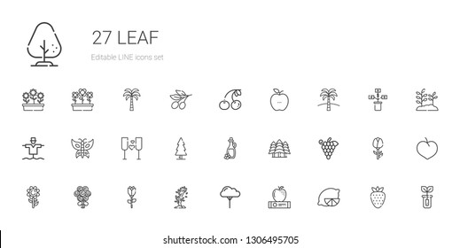 leaf icons set. Collection of leaf with lemon, apple, tree, rose, bouquet, sunflower, grapes, forest, olive oil, wine, butterfly, scarecrow. Editable and scalable leaf icons.
