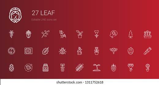 leaf icons set. Collection of leaf with strawberry, seed, branch, sprout, conserve, environment, pineapple, flower, plant, lime, ladybug, oak leaf. Editable and scalable leaf icons.