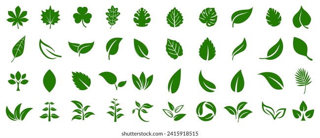 Iconos de hoja establecen elementos ecológicos naturales, folletos verdes, medio ambiente y signos ecológicos naturales. Saltos sobre fondo blanco - para ganado