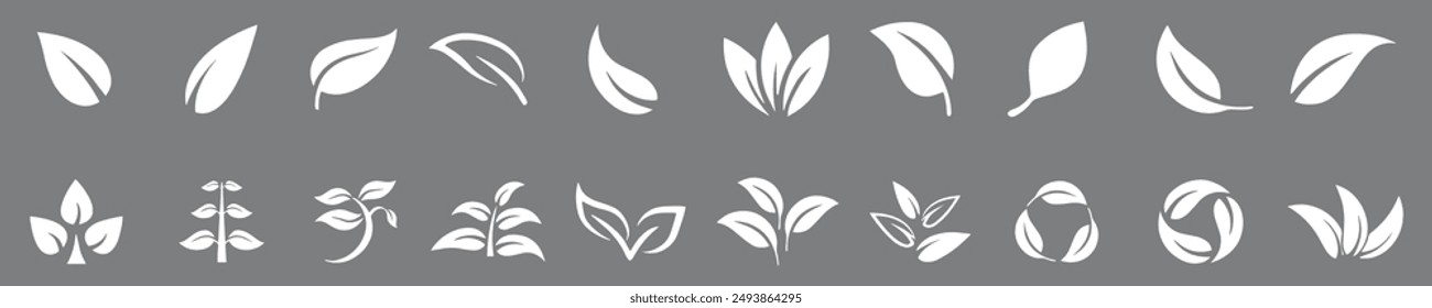 Leaf icons set ecology nature element. White leafs, environment and nature eco sign. Leaves on grey background – stock vector