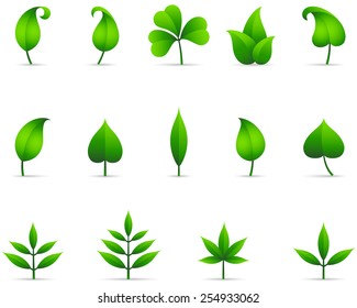 Leaf Icons - Set of fresh green leaf icons with shadows.  File is layered, and each leaf is grouped separately for easy editing.  Colors are just a few global swatches, so they can be modified easily.