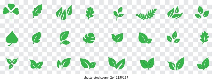 Conjunto de iconos de hoja. Iconos de vector de hojas verdes y negras. Logotipo de la hoja de Eco. Hojas verdes de colección. Ilustración vectorial de hojas de ecología. Eps 10