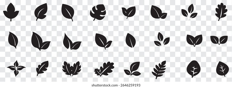 Conjunto de iconos de hoja. Iconos de vector de hojas verdes y negras. Logotipo de la hoja de Eco. Hojas verdes de colección. Ilustración vectorial de hojas de ecología. Eps 10