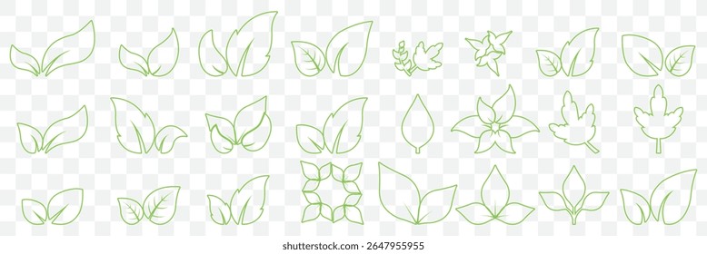 Leaf icons set, tropical leaves set, palm leaves silhouettes isolated, green leafs, environment and nature eco sign editable stroke on Transparent Background. EPS 10.