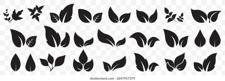 Leaf icons set, tropical leaves set, palm leaves silhouettes isolated, Black leafs, environment and nature eco sign on Transparent Background. EPS 10.