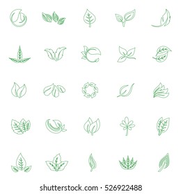 Leaf icons set, vector illustration. Collection of green leaves. Different shapes in modern flat style. Simple cartoon flat style. Green leaves design elements. Thin line isolated on white