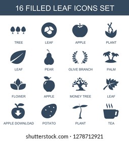 leaf icons. Trendy 16 leaf icons. Contain icons such as tree, apple, plant, pear, olive branch, palm, flower, money tree, apple download, potato. leaf icon for web and mobile.