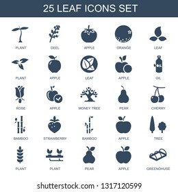 leaf icons. Trendy 25 leaf icons. Contain icons such as plant, deel, apple, orange, oil, rose, money tree, pear, cherry, bamboo, strawberry, tree. leaf icon for web and mobile.