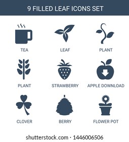 leaf icons. Trendy 9 leaf icons. Contain icons such as tea, plant, strawberry, apple download, Clover, berry, flower pot. leaf icon for web and mobile.
