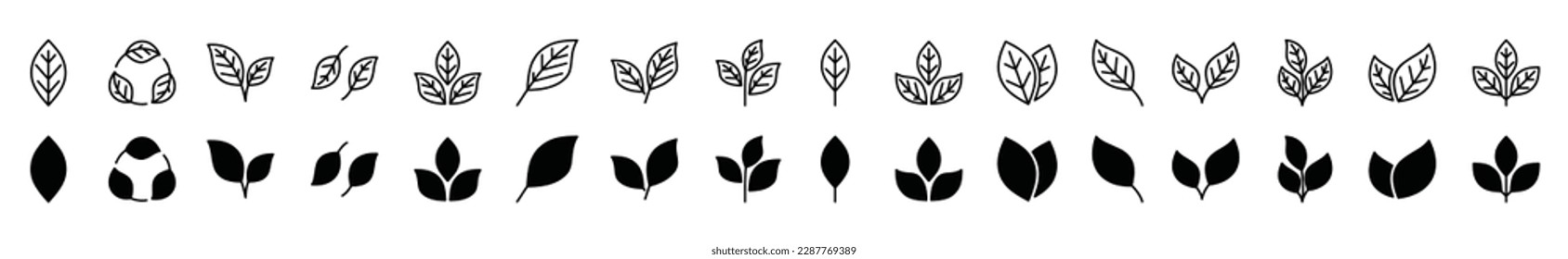 Leaf icons vector set in line and flat style. Leaves, ecology, tea, nature, green plant sign and symbol on white background. Vector illustration